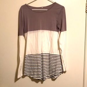 Long sleeve grey, white and black stripped shirt with lace strip down the back